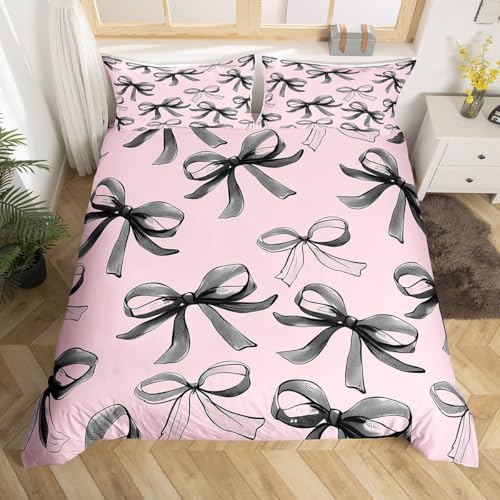 Loussiesd Kawaii Bowknot süße Bogen Bettwäsche 220x240cm für Jungen Mädchen Schwarze Krawatte Bettwäsche Träumige Stil