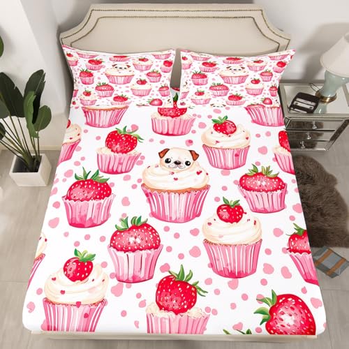 Erdbeerkuchen Einbaublech S Größe Cartoon Hund Welpen Tier Kuchen Bettdeckung, 1 Kissenbezug Pink Dots Graffiti Träumig Bettwäsche Set für Jungen