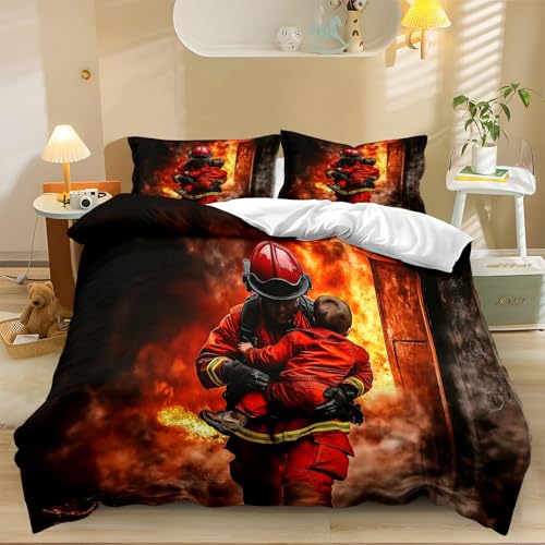 Bettwäsche Bettbezug 200x200cm Realismus Feuerwehr Kinder 3D Bettbezug Set Microfaser Weiche Flauschige Bettdeckenbezug mit Reißverschluss und 2 Kissenbezug 80x80cm