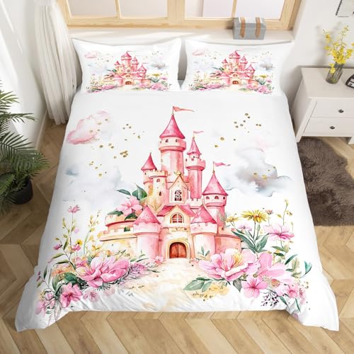 Loussiesd Mädchen Schloss Bettwäsche 200x200cm für Teens Mädchen Rosa Schloss Träumig Bettbezug Ultra Märchen Thema Bettwäsche Blumen Garten