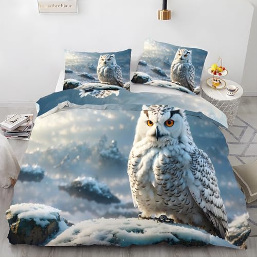 LLSZAHD BettwäSche 135x200 Schneeeule Mikrofaser Bettbezug 135 x 200 Set mit 80x80 cm Kissenbezug, BettwäSche-Sets Eule Bügelfrei für Einzelbetten mit ReißVerschluss