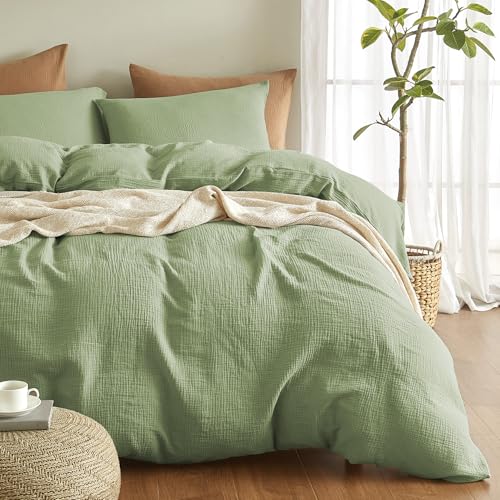 Bailix Premium Musselin Baumwolle Bettwäsche Sets 135x200 4 teilig Grün 100% Baumwolle 2er Bettbezüge 135x200cm + 2er Kissenbezüge 80x80cm ÖKO-TEX Bettwäsche-Sets mit Knöpfe Grün