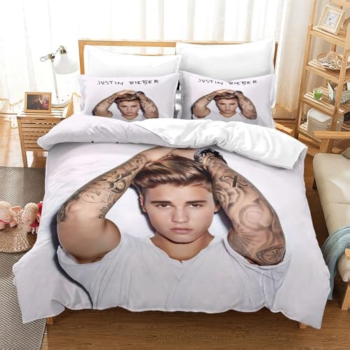 AYZOFCNDK Justin Bieber 3D Gedruckter Bettbezug Set Bettwäschegarnitur Für Kinder Mädchen Jungen Reissverschluss Und Kissenbezüge Weich Microfaser Bettwäsche 3 Teilig Single?140x200cm?