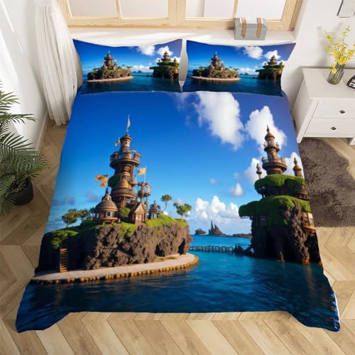 3D Schlossberg Bettwäsche 200x200 Seenlandschaft Weiche Microfaser Bettwäsche-Sets Bettbezug mit Reißverschluss und 2 Kissenbezug 80x80 cm