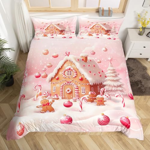 Homewish Gingerbread Haus Bettwäsche 135x200cm Weihnachts-Gingerbread bettbezug Set für Kinder,Rosa Fest Urlaub Bettwäscheset Vintage Weihnachtsdekoration Bett Set raumdekor dekor 1 Kissenbezug