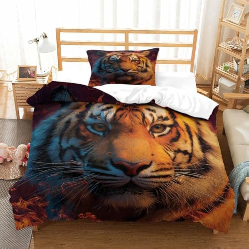 PXQKZPMYH Tiger Bettbezug Bettwäsche Set Mädchen Junge Kinder Mikrofaser Weiche Bettbezug Mit Reißverschluss Und Kissenbezüge Single?135x200cm?