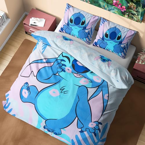 Disney Stitch Bettbezug Set für Mädchen & Teenager, Kinder Bettwäsche - verschiedenen Größen (Blauer Stich doppelt)
