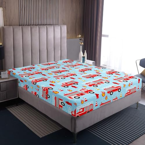 Feuerwehrwagen Spannbettlaken 160x200x30 für Jungen Mädchen Zimmer Dekor,Rote Feuerwehrmann Auto Dekor Bettlaken Feuerwehrmann Auto Fahrzeug Feuerwehr Blaues Bett Set Feuerwehrwagen Dekors Bettwäsche