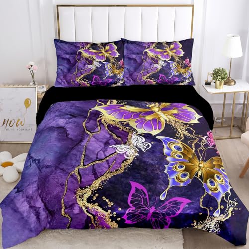 VTRXEG Bettwäsche 135x200 Schmetterling, Lila Marmor Schmetterling Bettbezug,Weiche Kuschelige Mikrofaser Bettwäsche Set Schmetterling,mit Reißverschluss1 Bettbezug Und 2 Kissenbezüge (A, 135x200cm)