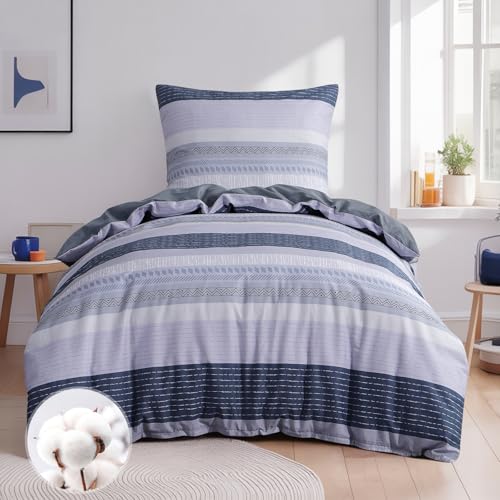 Aisbo Bettwäsche 155x220 Baumwolle Blau/Grau Gestreift Muster -Bettwäsche-Sets 155 x 220 cm Bettbezug 2teilig mit Kissenbezug 80x80 cm, ÖKO-TEX Wendebettwäsche mit Reißverschluss