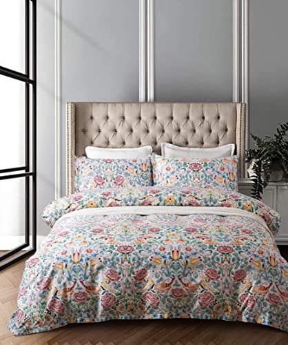 Luxuriöser Bettbezug, Vintage-Portugiesische Fliesen, mehrfarbig, Azulejos-Medaillon, Denim-Blau-Muster, 3-teiliges Baumwoll-Bettwäsche-Set (Vogel und Rose, Super-King)