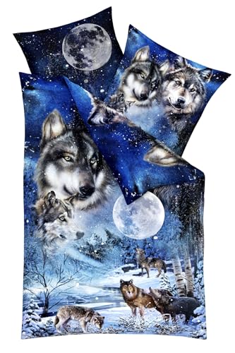 Kaeppel Mako Satin 135x200cm Digitaldruck Bettwäsche 2 TLG. Wolf Urwald Federn Abstrakt Baumwolle, Farbe:Wolf