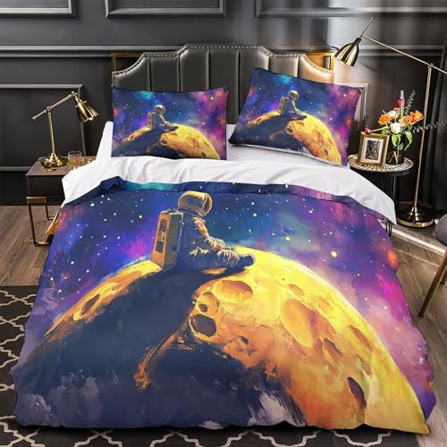 CNWRZCJXY Astronaut sitzt 3D Bedruckt Deckenbezug 3teilig Mikrofaser pflegeleicht Weltraumfantasie Bettdeckenbezug 2 Kissenbezüge Abriebfest Kinderzimmer Deko Double?200x200cm?
