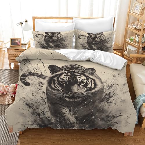 TKCQX Beige BettwäSche 200x200 Tiger Muster BettwäSche-Sets Tuschmalerei Tiger Thema BettwäSche Kinder Junge Erwachsener Bettbezug aus Mikrofaser mit ReißVerschluss mit Kissenbezug 80x80 cm