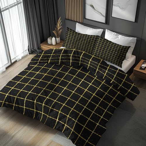 Generisch Kariert Bettwäsche 155x220 2er Set Mit Plaid Schwarz Gold Glitzer Muster, Bettbezug Set Bügelfreie Bettwäsche Mit Reißverschluss, Kissenbezug, Kariert Deko