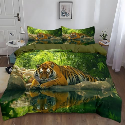 Srigzcaly Seeufer Wildtier Tiger Naturlandschaft Bettwäsche 155x220 cm Armeegrün Weiche Mikrofaser Bettbezug mit Reißverschluss Für Jungen Mädchen Bettwäsche-Set mit 2 Kissenbezug 80x80cm