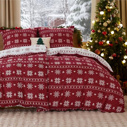 BEDSURE Bettwäsche 135x200 4teilig Weihnachts   Bettwäsche Sets Schneeflocke Bettbezug 135 x 200 2er Set 2 Kissenbezüge 80x80 cm, Festliche Bedding Muster Reißverschluss