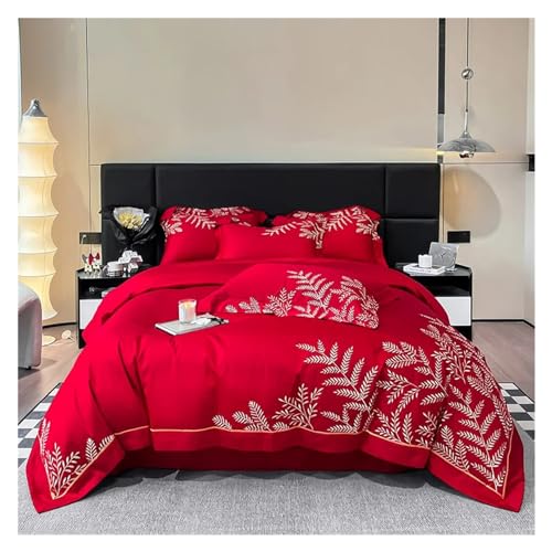AYCDL Bettwäsche-Set, Luxus-Bettwäsche-Set Aus Ägyptischer Baumwolle Mit Blätterstickerei, Bestehend Aus Bettbezug, Laken Und Kissenbezügen, Weich.,Red-Fitted Bed Sheet_King