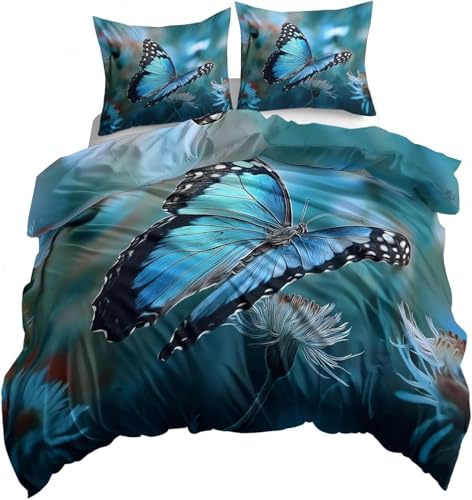 Blauer Schmetterling Bettwäsche 135x200 Dandelion Bettwäsche Set, 3D Bettbezug Set Weich Microfaser Bettbezüge 2 Teilig Blumen Wendebettwäsche für Einzelbett, mit 1 Kissenbezug m6709