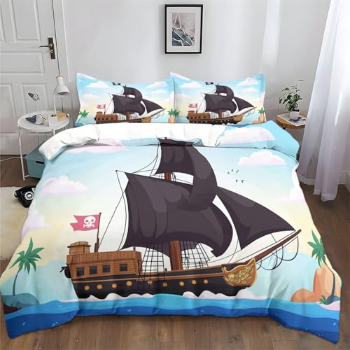 Bettbezug Aesthetic Weiche Karikatur, Segeln, Pirat Druck 3-teiliges Bettwäsche, 135 x 200 cm Pflegeleicht Atmungsaktiv Bettwäsche für Jugendliche Erwachsene Grau Blau