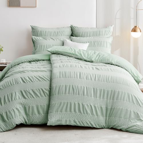 Qucover Seersucker Bettwäsche 155x220 Grün 4teilig Weiß Gestreift, Mikrofaser Bettwäsche-Sets, 2 Bettbezügen 135x200cm + 2 Kissenbezüge 80X80cm, Bügelfreie Bettwäsche mit Reißverschluss Qucover Seersucker Bettwäsche 155x220 Grün 4teilig Weiß Gestreift, Mikrofaser Bettwäsche-Sets, 2 Bettbezügen 135x200cm + 2 Kissenbezüge 80X80cm, Bügelfreie Bettwäsche mit Reißverschluss