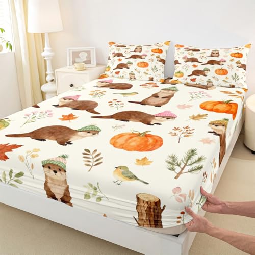 Kawaii Otter Einbaublech S Größe Herbstkürbisblätter Bettdeckung, 1 Kissenbezug Rustikale niedliche Tier Beige Braun Bettwäsche Set für Jungen