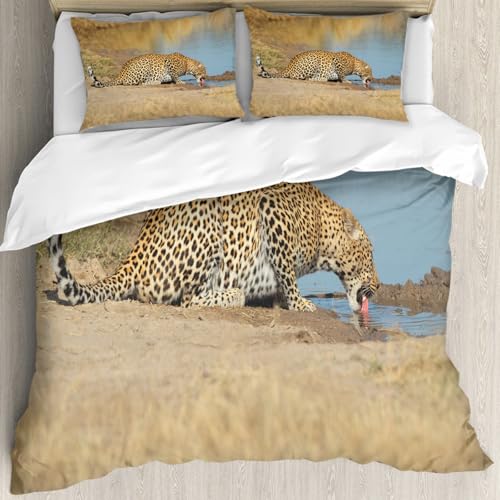 MJNLYDAO Sleeptime 100% Baumwolle Bettwäsche - Bettbezüge mit Reißverschluss - Set mit 2 Kissenbezüge,Safari-Deko r, Leopard Panther Trinken am Waterhole Safari Wild,200x228 cm