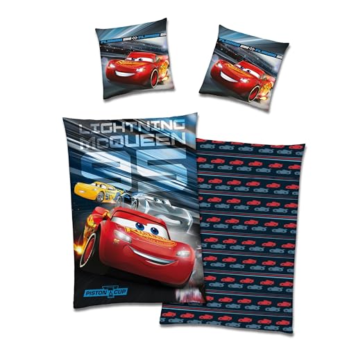 Familando Disney Cars Bettwäsche für Jungen · Warme Fleece Kinderbettwäsche 135x200 80x80 cm · extra weiche Kuschel-Bettwäsche · Winterbettwäsche mit Auto Motiv Lightning McQueen