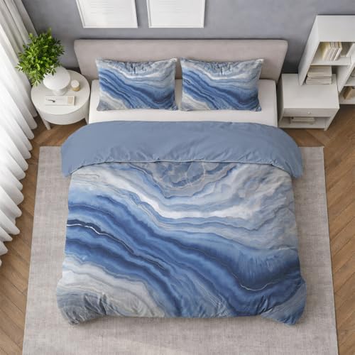 Generisch Marmor Bettwäsche Set 200 x 200 cm, Hochwertiges Mikrofaser Luxus Bettbezug mit Kissenbezug, Pflegeleicht Atmungsaktiv kuschelig Bettwäsche-Set (Abstrakt Blaue Wellen Elegant Muster)