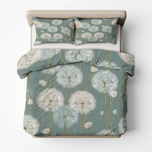 Pusteblumen Bettwäsche 200x220 Bügelfreie - Grau Grün Blumen Gras Muster, Renforce Wendebettwäsche Bettbezug 3-teilig Set Cozy Mikrofaser Mit Reißverschluss, 2 Kissenbezug, Geschenk Pusteblumen, LS644