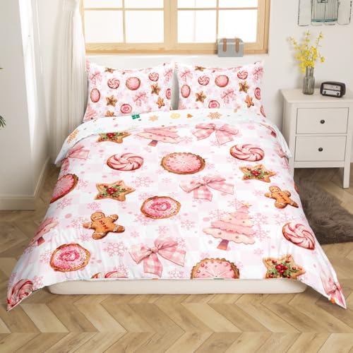 Rosa Bowknot S Größe, Kiefern Bäume Xmas Cake Reversible Tröster Abdeckung (nicht Tröster), süße Dessert Schneeflocken kariert Polyester Bettwäsche Soft Decor, 2 Pcs