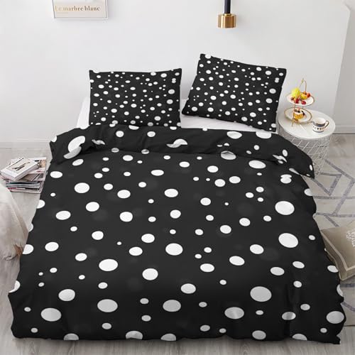 Traulpex Tupfen Bettwäsche 135x200 cm 3 Teilig, Schwarz Weiß Punkte Bettwäsche-Sets 135 x 200 cm mit 2 Kissenbezug 80x80 cm, Bettbezug Mikrofaser mit Reißverschluss, Weich und Bügelfrei