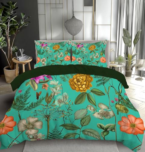 DLERFLOVR Bettwäsche 155x220cm 3teilig - Bettwäsche-Sets Landhausstil Bettbezug Retro-Pflanzen und Blumen mit 2 Kissenbezüge 80x80 cm, Wendebettwäsche Türkis mit Reißverschluss