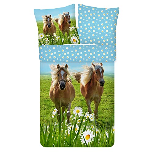 ESPiCO Bettwäsche Trendy Bedding Pferd Koppel Galoppieren Blumen Geblümt Bunt Renforcé, Größe:135 cm x 200 cm