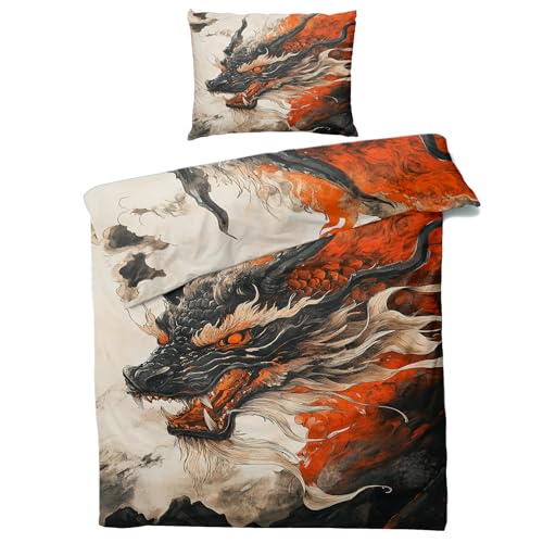 Bettwäsche 135x200 Chinesischer Drache - Orientalisch Japanische Bettbezug 135 x 200 2er Set, Weiche & Angenehme Mikrofaser Bettbezüge & Kissenbezug, Bettwäsche-Sets mit Reißverschluss U#&-62