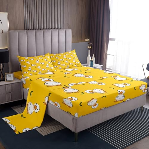 Erosebridal Enten-Bettlaken-Set, Cartoon-Enten-Bettlaken für Kinder, schönes handbemaltes Bettwäsche-Set mit Spannbetttuch, Bettlaken und 2 Kissenbezügen