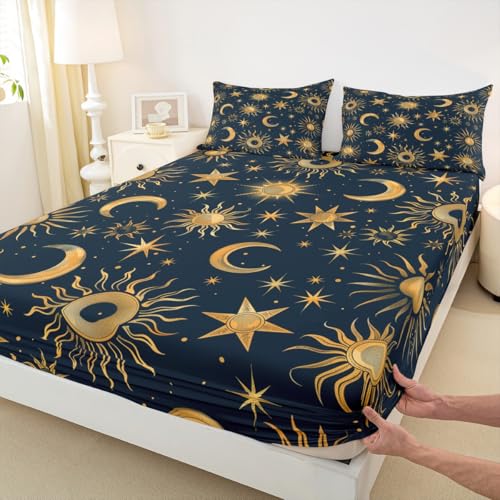 Sonne Mond Einbaublech S Größe Boho Stil Exotisches Navy Gold Bettdeckung, 1 Kissenbezug Tribal Galaxy Punkte Bettwäsche Set für Jungen