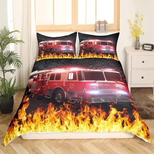 Feuerwehrwagen Kinder Jungen Bettwäsche Sets, Cartoon Auto Bett Feuerwehr Fahrzeug Bettbezug 135x200 cm Und Kissenbezug 80x80 (A3,200x200cm + 75x50 cm)