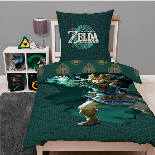 Zelda Bettwäsche Set 2-teilig 135x200 cm & 80x80 cm -The Legend of Zelda Motiv Link & Runen - Wende-Design 100% Baumwolle mit Reißverschluss - Öko Tex zertifiziert atmungsaktiv & pflegeleich