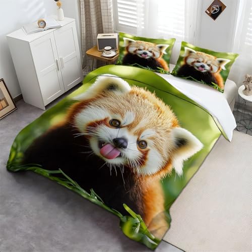 Bettbezug für Herbst und Winter 135 x 200 cm Bettwäsche-Set Deluxe Tiere Süßer Roter Panda Mikrofaser Weiche Bettbezug mit Reißverschluss und Kissenbezüge Braun