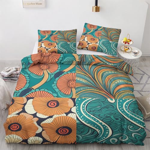 Bettwäsche 155x220 Boho Blümchen, Böhmisch Bettbezug 2er Set, Wendebettwäsche und 1 Kissenbezug 80x80, Weiche Bügelfreie Mikrofaser Bettwäsche-Sets mit Reißverschluss (L&-1712)