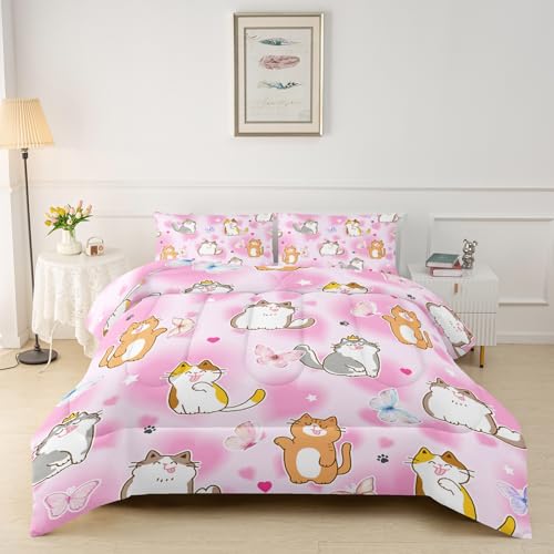 3-teiliges Bettwäsche-Set mit niedlichem Katzen- und Schmetterlings-Motiv, rosa Cartoon-Katzen-Bettwäsch e-Set für Mädchen und Erwachsene, Schlafzimmer- oder Raumdekoration