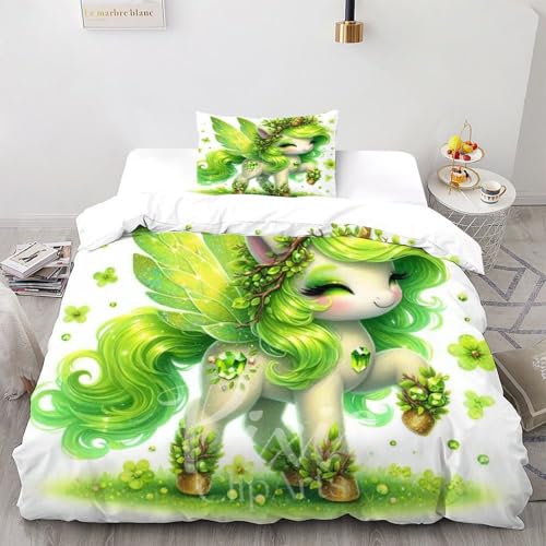 Grüne Fee Einhorn Bettwäsche Set Drucken grün Süße Tiere Weiche Mikrofaser Bettbezug Mit Kissenbezügen Mit Leichtläufigem Reißverschluss Für Teens Single?135x200cm?
