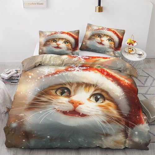 Winter Bettwäsche 140x200 Katze - Weihnachten Schneeflocke Bettbezug 140x200 3 Teilig, Weiche & Angenehme Mikrofaser Bettbezüge & 2 Kissenbezug, Bettwäsche-Sets mit Reißverschluss Q#&-171