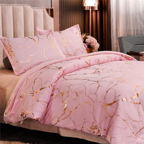 Tospass Marmor Optik Bettwäsche 220x240cm Rosa Gold Marmor Glitzermuster Bettwäsche-Sets Mikrofaser ÖKO-TEX Deckenbezug 1 Bettbezug mit Reißverschluss und 2 Kissenbezug 80x80cm