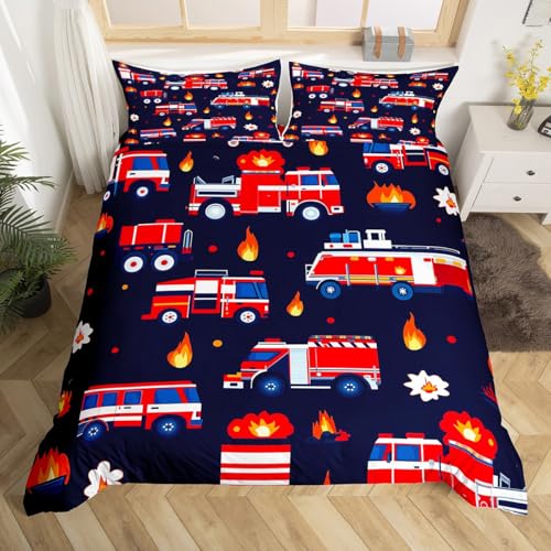 Homemissing Feuerwehr Bettwäsche Set 135x200cm Rotes Auto Bettbezug mit Reißverschluss Feuerwehrmann Auto Fahrzeug mit 1 Kissenbezug Bettwäsche-Set