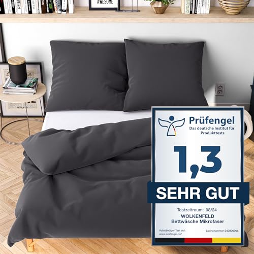 Wolkenfeld Bettwäsche 155x220 grau anthrazit - kuschlig weich & bügelfrei - ÖKO-TEX Zertifiziert - 1x Bettbezug + 1x Kissenbezug 80x80
