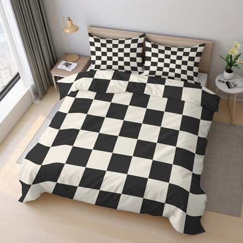 Generisch Schachbrett Bettwäsche 135x200 cm, Bettbezug Schwarz Weiß Kariert 2teilig, 1 Wendebettwäsche + 1 Kissenbezug 80x80 cm Weich Mikrofaser, Schlafzimmer Deko & Geschenk S-1