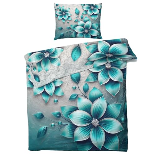 QEODAH Bettwäsche 220x240 Türkis Blumen - Abstrakte Blumenmuster Bettbezug 220x240 3 Teilig - Wendebettwäsche & 2 Kissenbezug - Weiche Mikrofaser Bettwäsche-Sets mit Reißverschluss