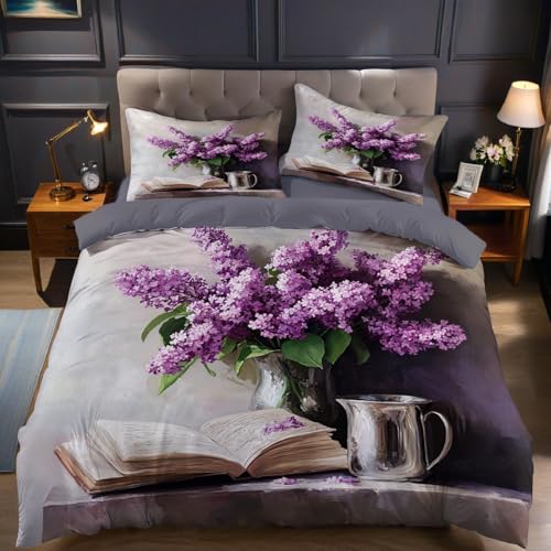 Bettwäsche Set 180x200 cm Blumenbuch Flieder Bettbezug Mikrofaser weich atmungsaktiv Bettwäsche-Sets mit 2 Kissenbezügen für Schlafzimmer Kinder Jugendliche